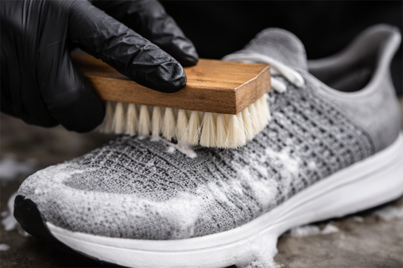 Detailed sneaker cleaning focusing on stitching and material texture