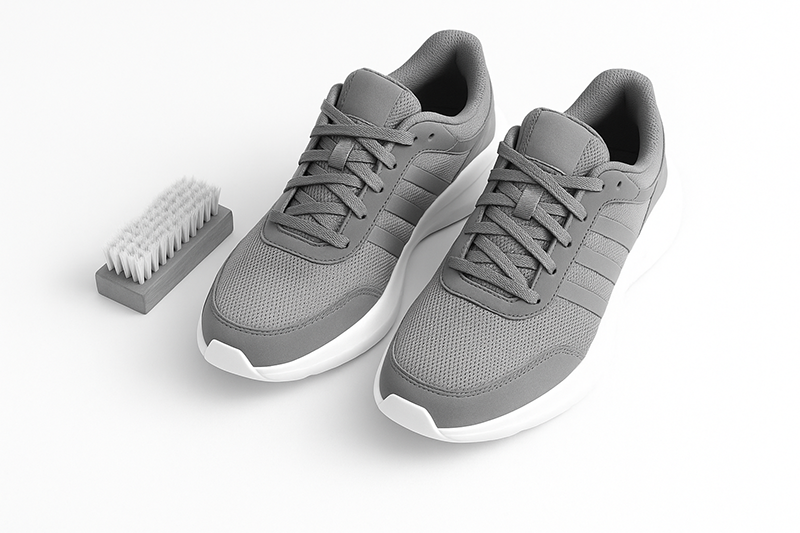 Black and white image of a clean pair of athletic sneakers neatly placed beside a cleaning brush on a white surface