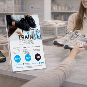 Train Fresh retail partner model showing staff-assisted sneaker drop-off at a counter